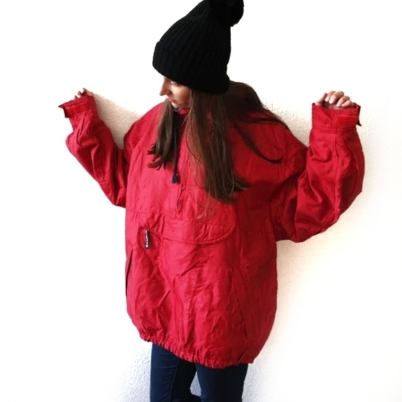 LLBEAN Squall Fleece Lined Fall Winter Ski Rain Coat Half Zip Hoodie Red Large - Picture 11 of 12